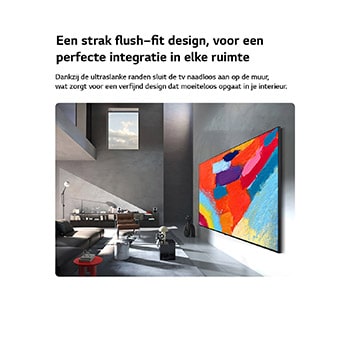 De LG Micro RGB evo AI MRGB96 is naadloos aan de muur gemonteerd in een ruime zwartgekleurde kamer, met gedurfde kunstwerken in levendige kleuren die harmonieren met het omringende interieur.